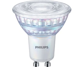 Philips Master Value LED-spot på 5,5 W ses forfra med klar, facetteret glasreflektor, hvid krop og GU10-fatning.
