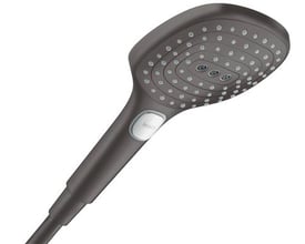 Hansgrohe Raindance Select E 120 håndbruser i børstet sort krom med tre stråletyper og Select-knap.