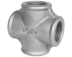 Georg Fischer galvaniseret krydsfitting i blødstøbt stål med fire 1½" muffegevind, velegnet til rørinstallationer.