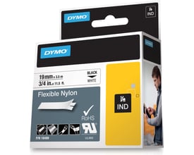 Emballagen til DYMO Rhino Professional fleksibel nylontape, 19 mm bred og 3,5 m lang, med sort tekst på hvid tape.