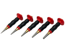 Ironside-sæt med fem dorne i størrelserne 2–6 mm, med røde håndbeskyttelser, sorte greb og metalspidser.