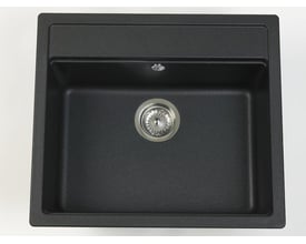 Onyxfarvet Intra Juvel Nemo N100 køkkenvask i kompositmateriale, vist ovenfra med strainer og integreret hanehul.