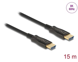 DeLock aktivt optisk HDMI 2.1-kabel på 15 meter med sort kabel og to guldfarvede HDMI-stik, til 8K ved 60 Hz.