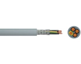 Multikabel 12G1,0 CY-JZ NR TR med grå PVC-kappe, viser udskåret kabel med kobberledere og flettet skærm, samt et tværsnit af de tre ledere.