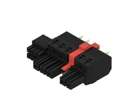 Weidmüller hybrid printkortstik med fem poler og PUSH IN-aktuator, set skråt forfra med sort hus og rød betjeningsarm.