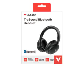 Emballagen til Verbatim TruSound Bluetooth-headsettet viser det sorte headset med polstrede ørekopper.