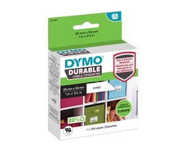 Karton af DYMO LabelWriter Durable etiketter, 25x54mm, 160 stk. angiver 'Made in Europe' og resistens mod fugt og kemikalier.