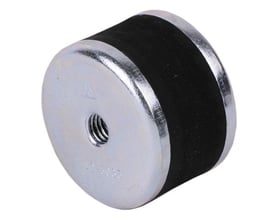 Sort cylinderformet vibrationsdæmper AD 4030 med M8 gevind og elforzinkede stålskiver, 40mm diameter.