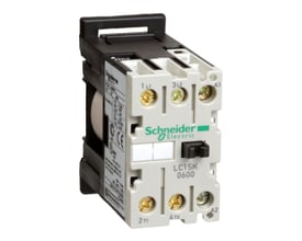 Schneider Electric 2-polet kontaktor, 6A, 110VAC model LC1SK 0600 med tydelige mærkningsskruer og logo på siden.