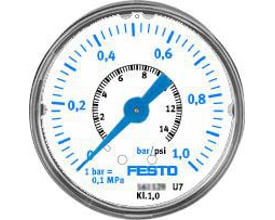 Festo præcisionsmåler MAP-40-4-1/8-EN med hvid urskive, blå visere og markeringer, viser trykmåling i bar/psi og MPa.