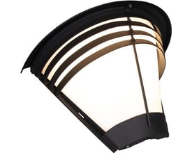 Hide-a-lite Pave Deco IV vægarmatur med opalt glas og sort, buet afskærmning, set skråt nedefra.