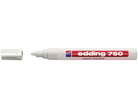 Edding 750 permanent malermarker i hvid med korken ved siden af, viser spidsen og 2-4mm stregbredde.