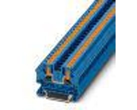 Phoenix Contact PTV 4 BU modulær terminalblok i blå og orange plast, vist fra siden med en lys baggrund.