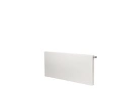 Purmo Plan Ventil Compact radiator set fra siden, viser radiatorens integrerede ventilsystem og hvide, plane overflade.