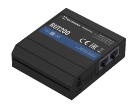 Teltonika RUT200 4G/LTE Wi-Fi router i sort, med synlige porte og CE/EAC mærkater på en grå baggrund.
