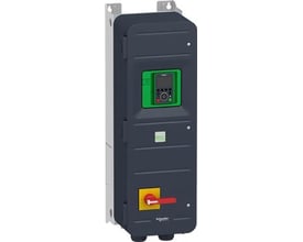 Schneider Electric frekvensomformer 37kW, 3x400V, IP55, med en tydelig rød afbryderhåndtag monteret på siden.
