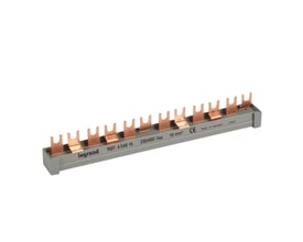 Legrand gaffelsløjfeskinne med 12 (6) gafler i grå plast, mærket 10 mm² og 230/400 Vac.