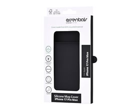 Sort Essentialb-silikonecover til iPhone 17 Pro Max ses på emballagen, der også angiver MagSafe-kompatibilitet.