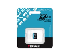 Kingston microSDXC-hukommelseskort Canvas Go Plus Gen4 på 256 GB i turkis og sort emballage.