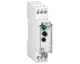Schneider Electric iRTMF multifunktion tidsrelæ, 18mm bredt, med skrueterminaler og justeringsknapper til tidsindstilling og funktion.