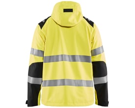 Bagside af Blåkläder Workwear high vis softshell jakke i gul/sort, str. XL, med reflekser og aftagelig hætte.