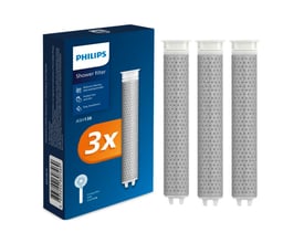 Philips brusehovedfilter ASH138 i 3-pak. Æsken viser 3x og filterne ved siden af i en ren opstilling.