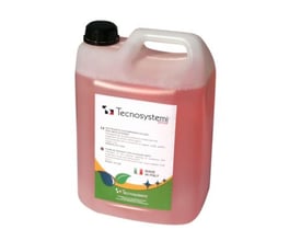 Tecnosystemi skumvaskemiddel i en 5 liters gennemsigtig beholder med rødt indhold og sort låg.