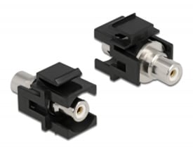 DeLock Keystone modul med RCA hun til RCA hun stik i sort plast, fremviser snap-in montering for lydkabelforlængelse.