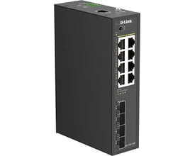 D-Link DIS-210G-12UP 12-port industriel switch i sort kabinet, vist skråt med netværksporte og SFP-porte.