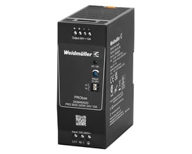Weidmüller PRO BAS 240W 24V 10A strømforsyning med justeringsknap og tydelig mærkning på siden for produktinformation og godkendelser.