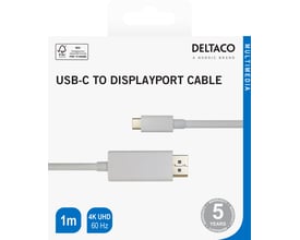 Emballagen til Deltaco USB-C til DisplayPort-kabel viser det hvide 1 meter kabel og angiver 4K UHD ved 60 Hz.