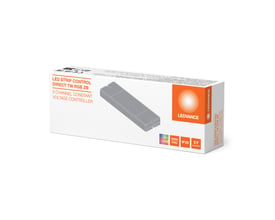 Emballagen til Ledvance Zigbee Direct Easy-styreenheden viser en tegning af den hvide RGB- og TW-controller til LED-bånd.