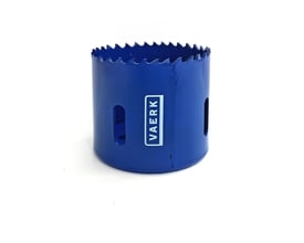 VAERK blå hulsav af bimetal HSS-CO 8% med 64 mm diameter og savtand.  Fremstår med hvid logo på siden.