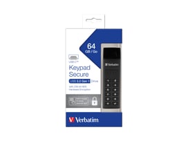Verbatim Keypad Secure USB-drev med tastatur, 64 GB og USB-C vist på den blå og hvide emballage.