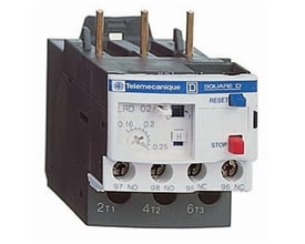 Schneider Electric TeSys termorelæ LRD02, som er en ældre model af 1,6-2,5A enheden med reset- og stopknapper.