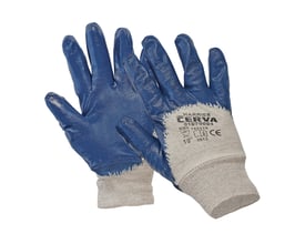 OS dyppet handske m/rib, Harrier nitril i størrelse 10, hvid med blå nitrilbelægning og grå ribkrave.