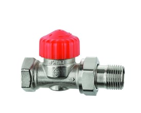 Detalje af IMI Calypso F-Exact lige radiatorventil, der viser DN15 mærkning og forniklede fittings.