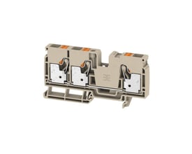 Detaljeret billede af Weidmüller gennemgangsklemme, der viser PUSH IN tilslutningerne og beige farve.