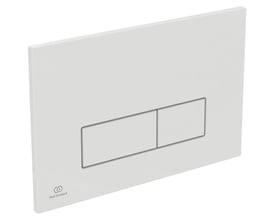 Vinklet billede af Ideal Standard OLEAS hvid dobbeltskyl kontrolplade, viser de to trykknapper og Ideal Standard logo.