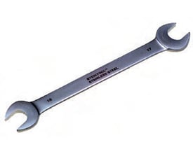Steritool rustfri dobbelt gaffelnøgle med indgraverede størrelser 16 og 17 mm, set fra siden på hvid baggrund.