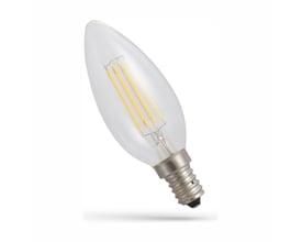 SpectrumLED E14 5,5 W dæmpbar LED-kertepære i C35-form med klart glas og synlige kultråde, vist skråt.
