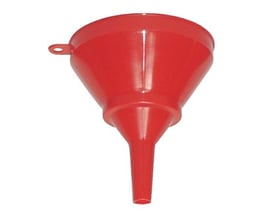 Kabi tragt model 1215, Ø90, vist fra siden i rød PE plast med en praktisk ophængningshank.