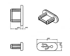 Målskitse af DeLock-støvhætte med greb til USB 2.0 Micro-B hunstik, vist fra flere vinkler.
