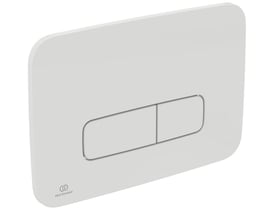 Nærbillede af Ideal Standard OLEAS kontrolplade i hvid, der viser dens elegante design med dobbelte betjeningsknapper foran.