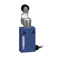 Telemecanique Sensors XCMH2115L1L0 grænseafbryder med blå plastikhus, metalrullearm og kabel.