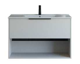 Dansani Mido+ Classic møbelpakke, 101 cm, med glat sand mat front, åben hylde og en integreret hvid Amber vask på hvid baggrund.