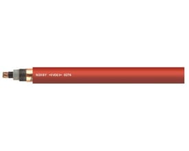 N2XSY kabel med rød PVC-kappe, 12/20 KV, 1X240 RM/25 MM² med kobberleder og synlig markering 'N2XSY VDE 0276'.