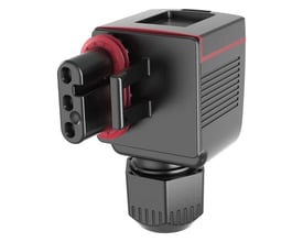 Grundfos adapterstik ALPHA GO i sort plast med røde detaljer, designet til ALPHA1 og ALPHA2 GO cirkulationspumper.