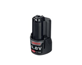 Kompakt Bosch 12V 2.0Ah Li-Ion batteri isoleret på hvid baggrund, viser den sorte plastikkabinet og mærkning.