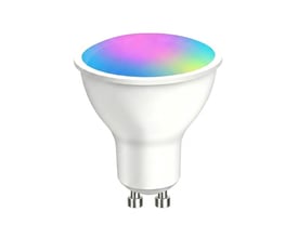 LEDlife Tuya/Smart Life GU10 LED-pære set forfra med farveskiftende lysflade og synlige fatningsstifter.